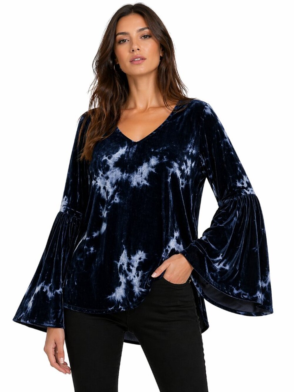 FIFTEEN TWENTY Silk Blend Velvet Tie-Dye Bell Sleeve Tunic Top Blue Medium